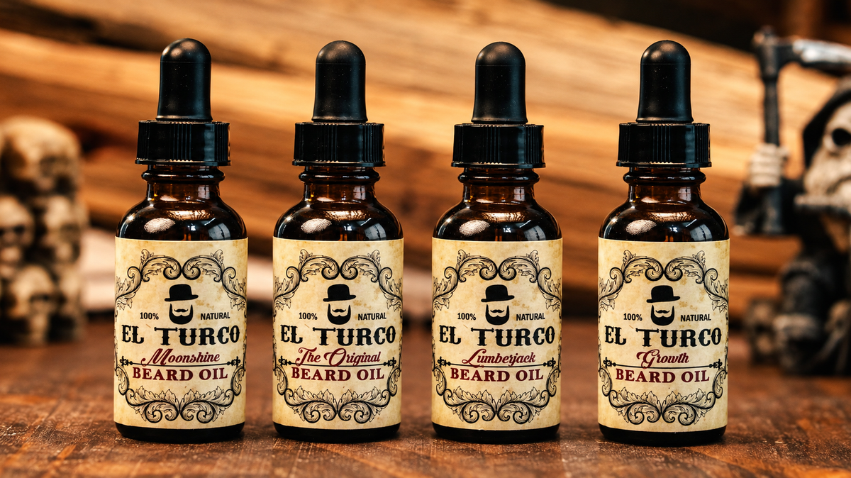 The four El Turco beard oils: Moonshine, The Original, Lumberjack and Growth