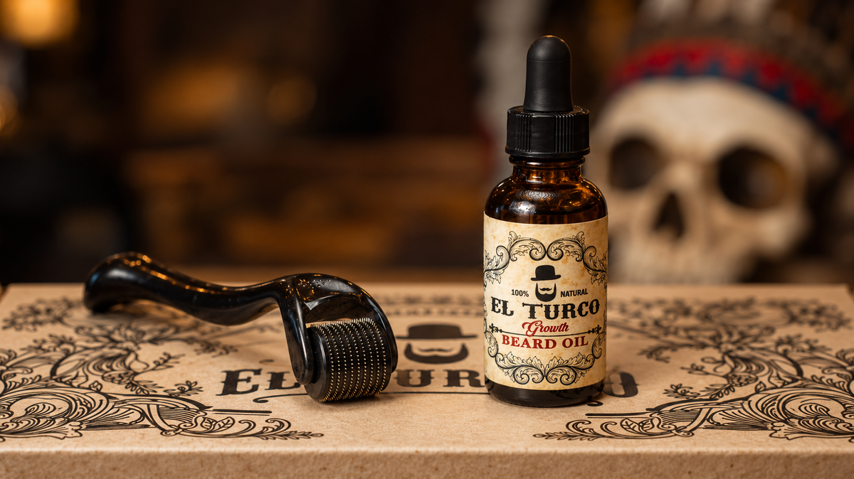 El Turco Growth beard oil and beard dermaroller on an El Turco box