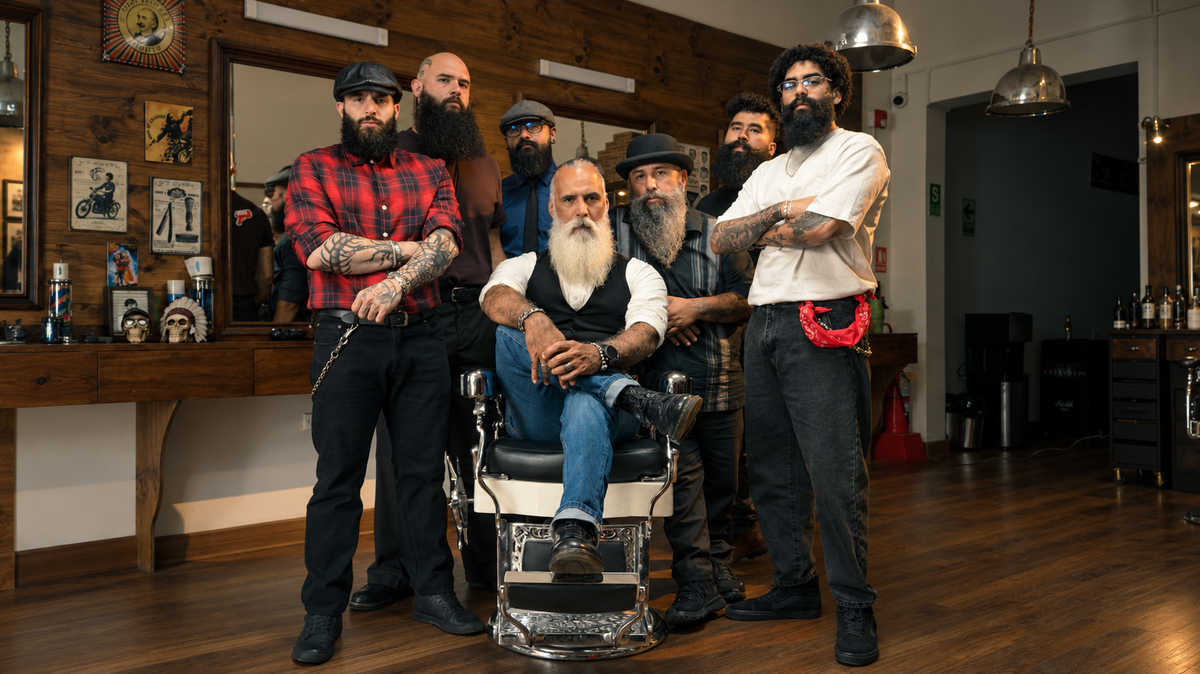 El Turco barbers and clients with different beard shapes in the barbershop