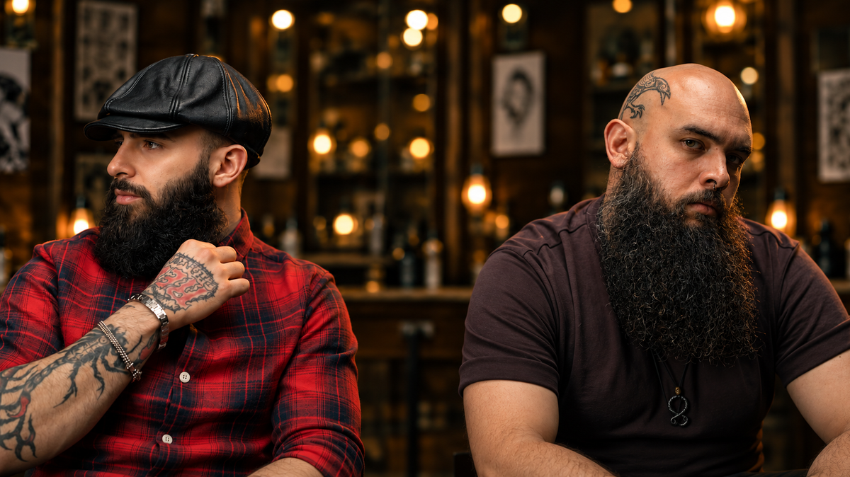 Two men with well-kept full beards at an El Turco barbershop