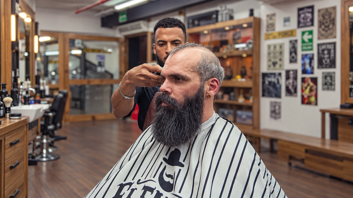 El Turco barber grooming a client's full beard in the barbershop