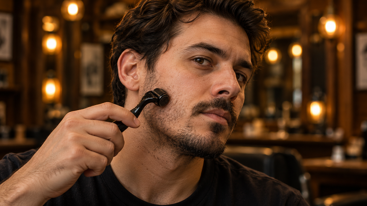 Man rolling a beard dermaroller over his cheek in a barbershop