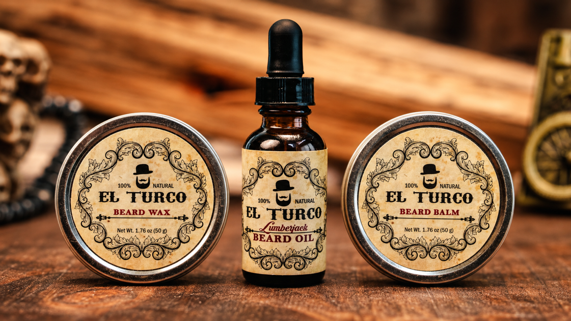 El Turco beard wax, beard oil and beard balm on a wooden table