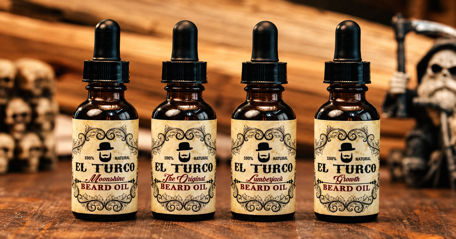 The four El Turco beard oils: Moonshine, The Original, Lumberjack and Growth