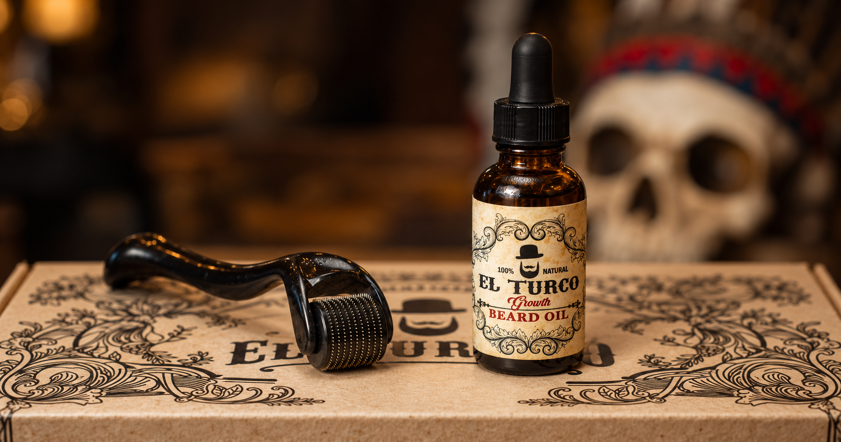 El Turco Growth beard oil and beard dermaroller on an El Turco box