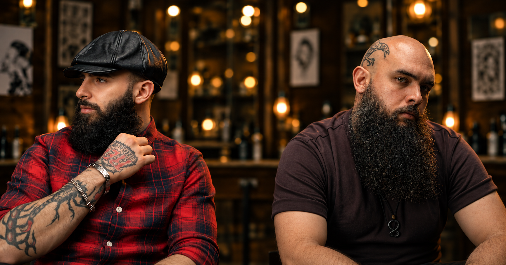 Two men with well-kept full beards at an El Turco barbershop