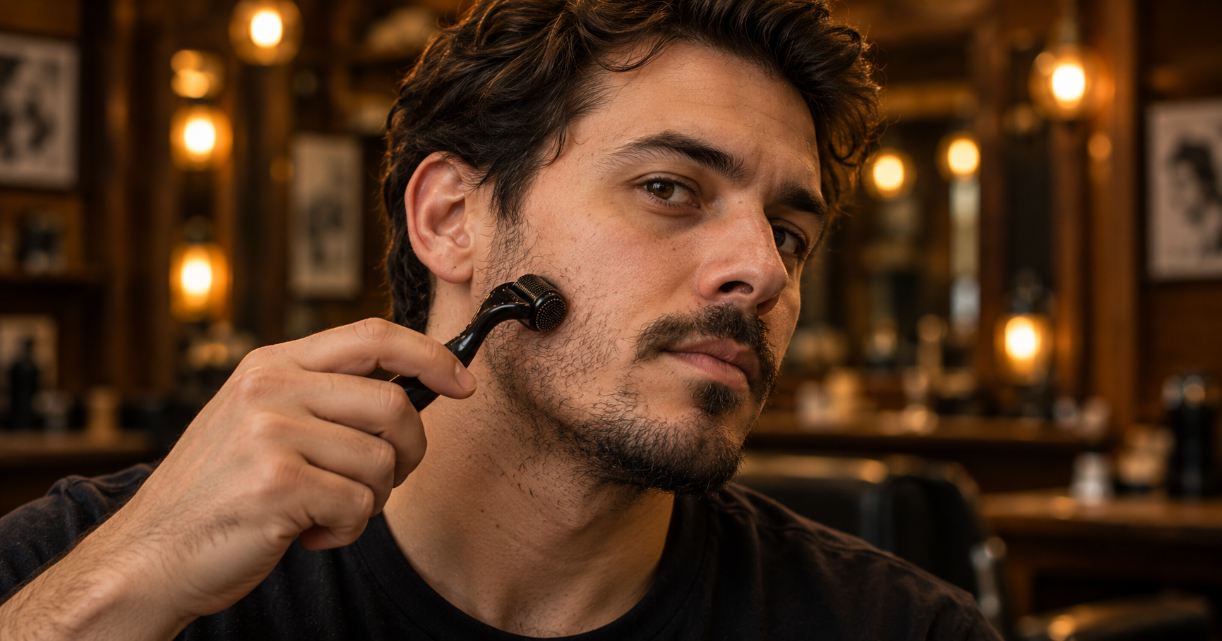 Man rolling a beard dermaroller over his cheek in a barbershop