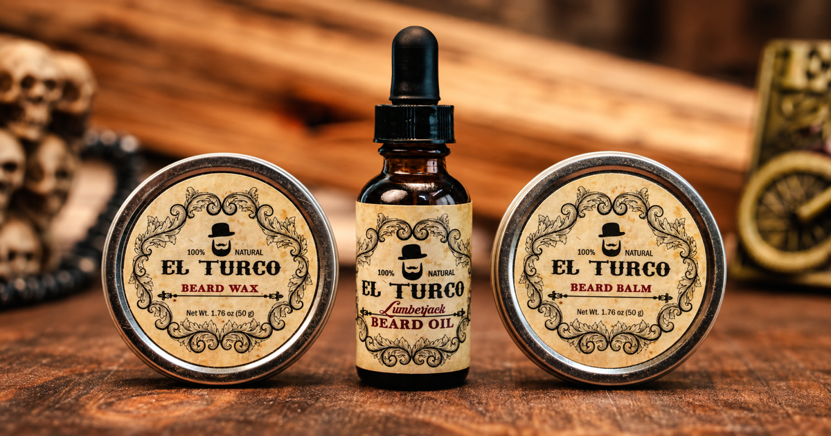 El Turco beard wax, beard oil and beard balm on a wooden table